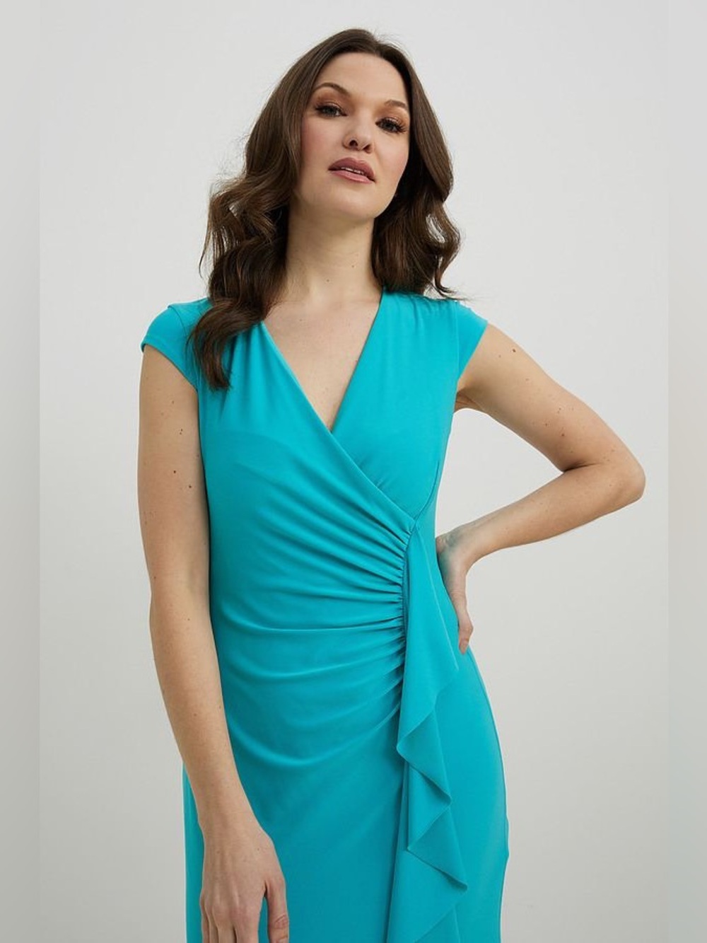 Joseph Ribkoff Wrap Style Teal Ruffle Waterfall Dress NWT - Picture 3 of 8